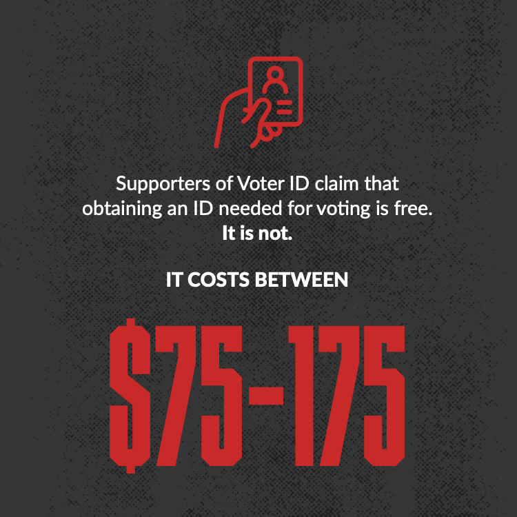 Supporters of Voter ID claim that obtaining an ID needed for voting is free. It is not. It costs between $75-175