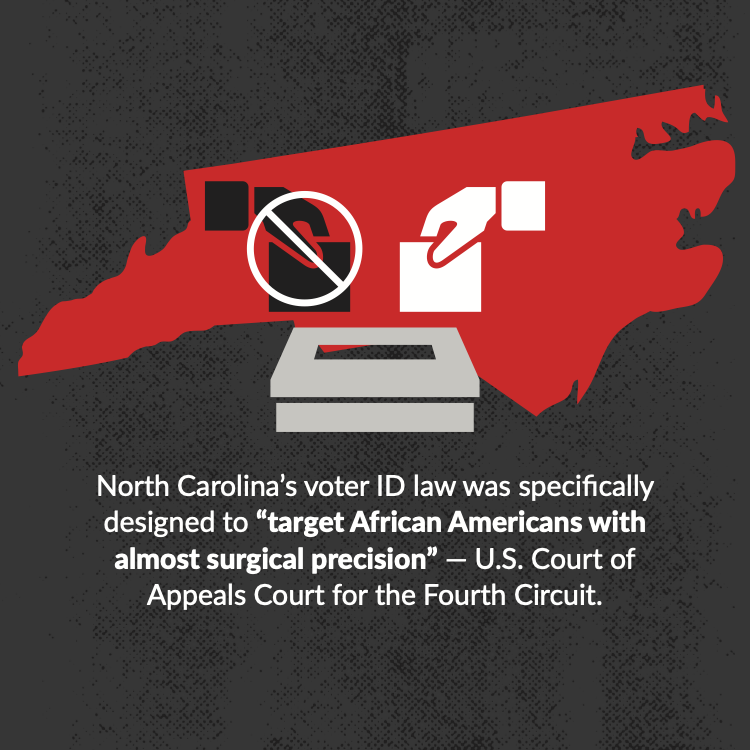 North Carolina’s voter ID law was specifically designed to “target African Americans with almost surgical precision” — U.S. Court of Appeals Court for the Fourth Circuit.